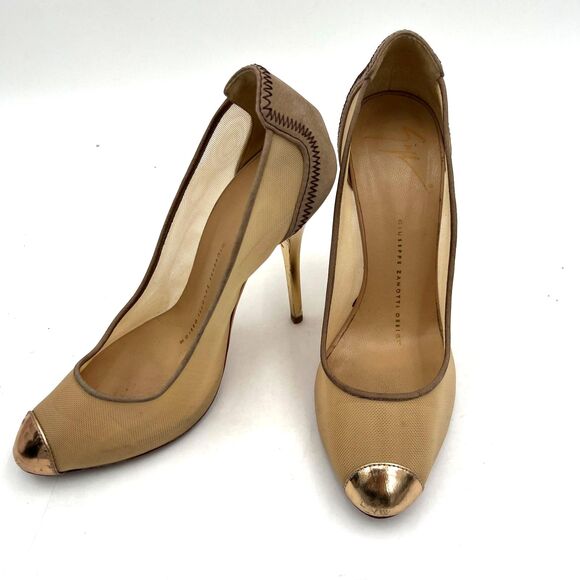 Giuseppe Zanotti Nude Suede Mesh Gold Cap Toe Stiletto Heels Pumps w Dust Bag 35 - Picture 4 of 9